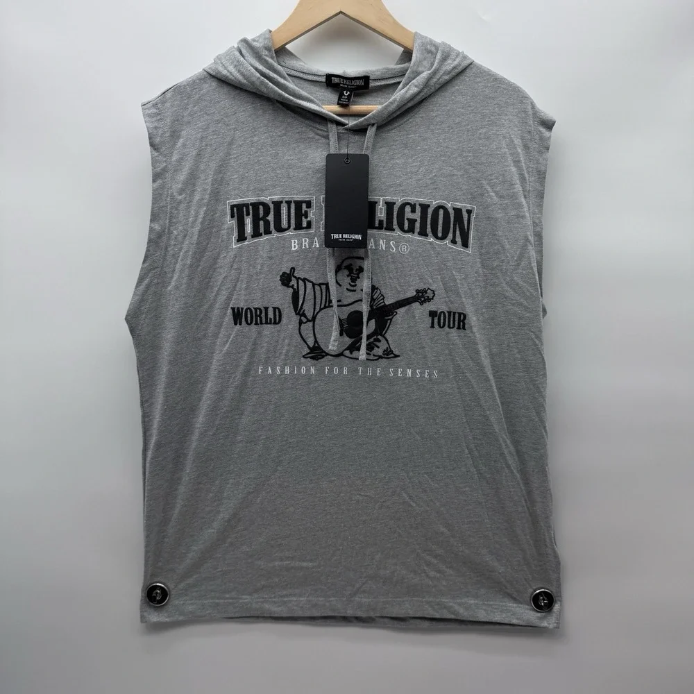 NWT True Religion Hooded Tank Mens S Light Grey World Tour Buddha Sleeveless Gym